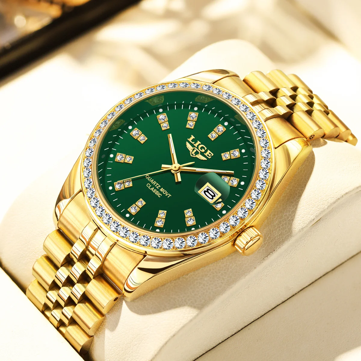 

LIGE Business Mens Watch Fashion Diamond Dial Luxury Waterproof Luminous Calendar Gold Stainless Steel Quartz Watches for Men