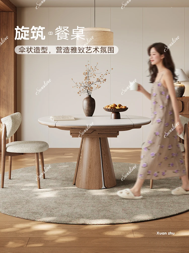 Solid wood dining table variable round table, antique retractable rock slab dining table in the living room