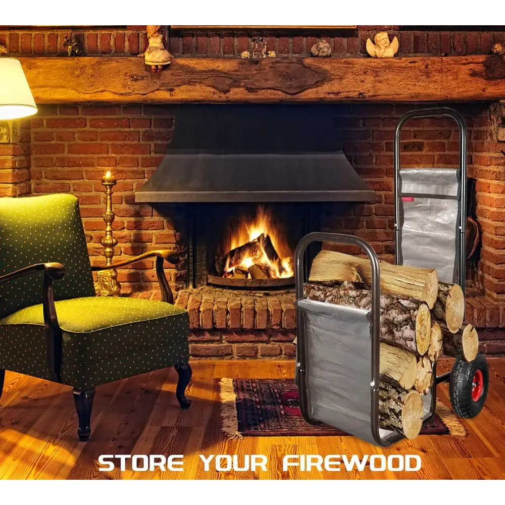 Chariot à bois de chauffage robuste d'une capacité de 220 lb, pneus pneumatiques, idéal pour les cheminées extérieures