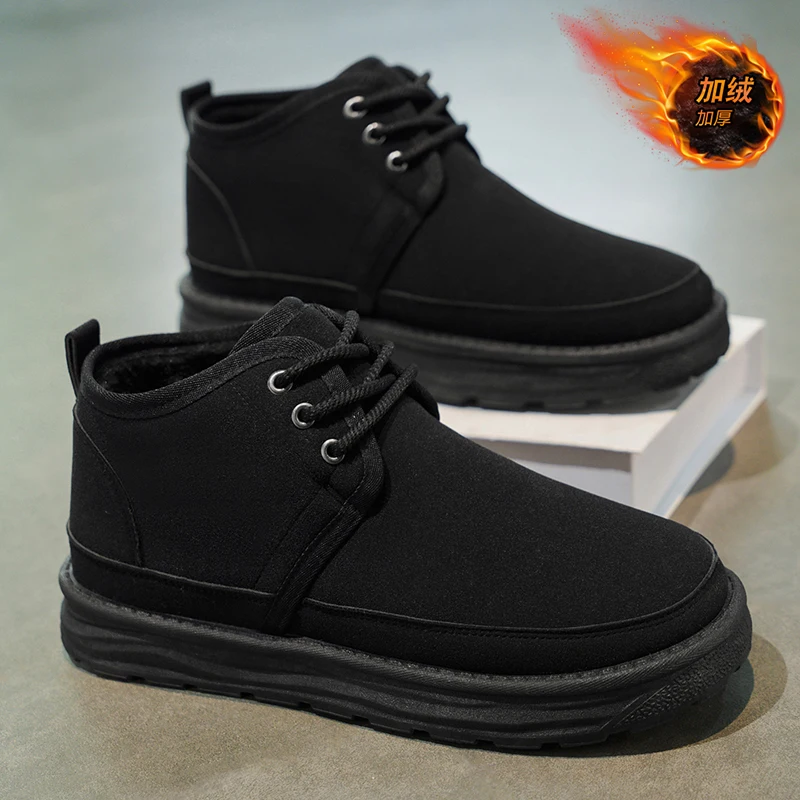 Winter Men Shoes Warm Fur Snow Boots Waterproof Suede Furry Leather Ankle Chelsea Boots Male Fluffy Plush Shoes Outdoor Footwear