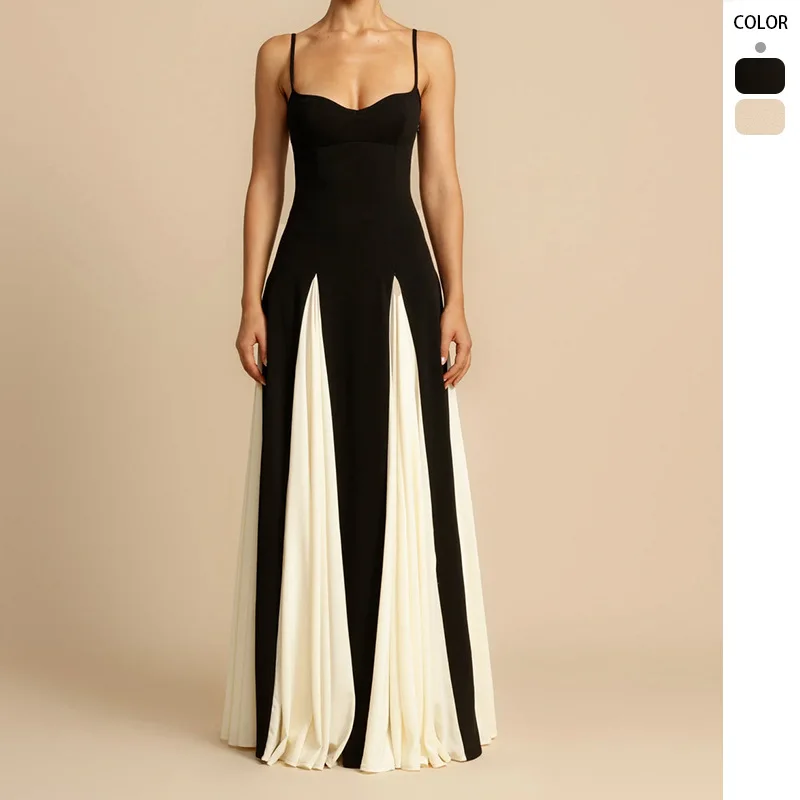 

New Women's Camisole Dress With Elegant Sexy Color Blocking Low Neckline Camisole Large Skirt Party Evening Dress Long Dresses