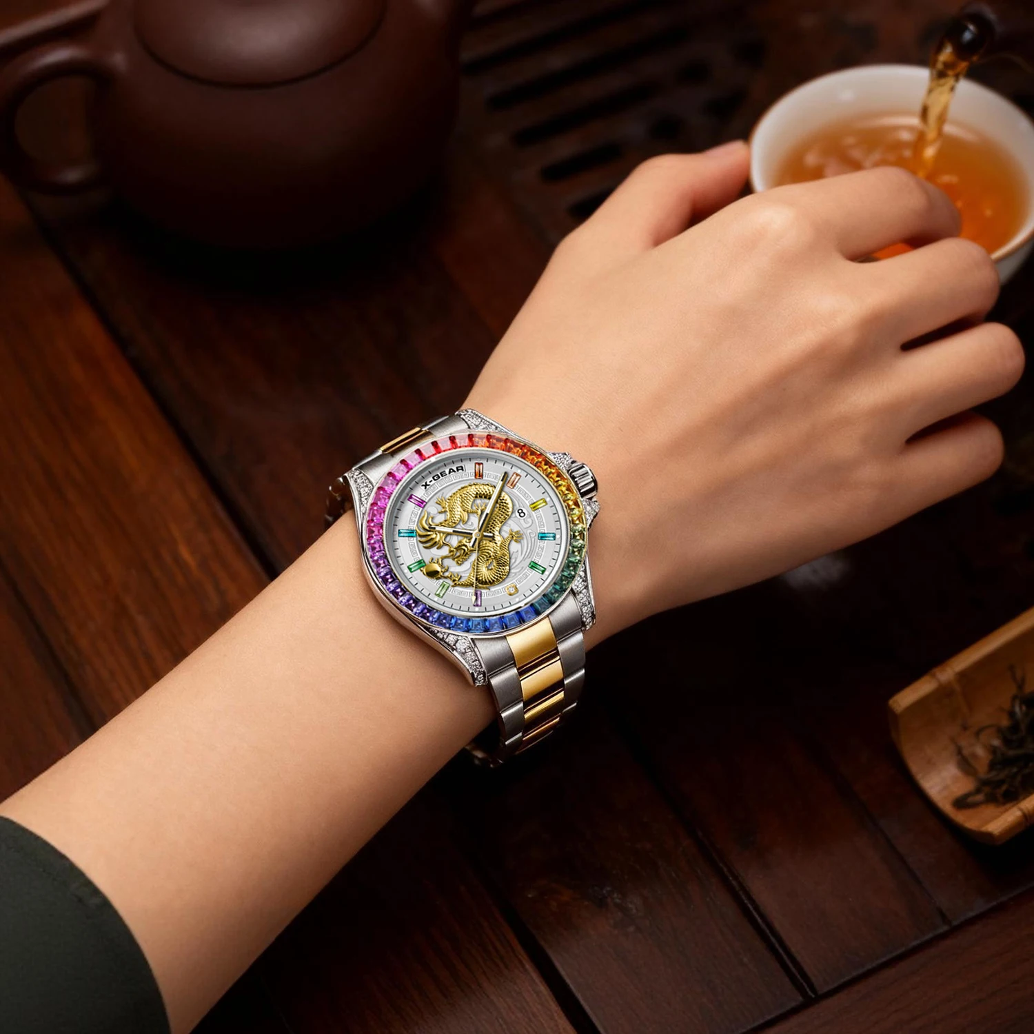 X-GEAR Real Dragon Dial Men's Trend Business Big Three Hands Men's Luxury Diamond Luminescent Waterproof Men's Quartz Watch