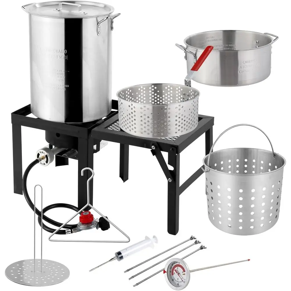 

30-Quart Turkey Fryer, 10-Quart Indoor Fryer, Propane Burner, Outdoor Deep Fryer, Seafood Steamer Pot with Thermometer, Injector
