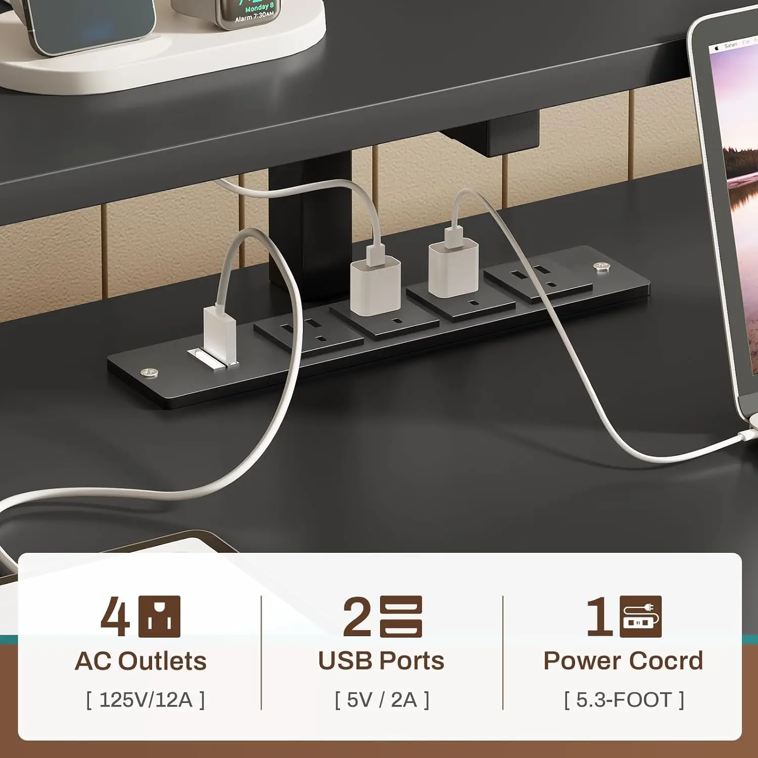 Computer Desk with 5 Drawer, Power Outlet & Led Lights, 66'' Home Office Desk with File Drawer, Storage, Monitor Shelf, Gaming