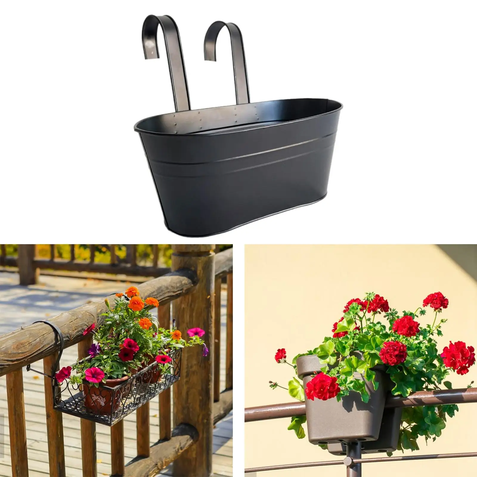 Iron Bucket Planter Hanging Flower Pot Patio Plant Pot Window Railing Flower Holder Detachable Hooks for Home Nursery Outside