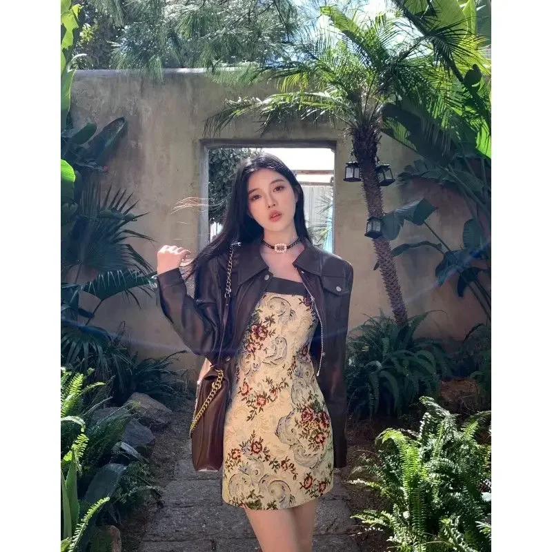 

French Vintage Print Patchwork Strap Dress + Fashion Leather Cropped Jacket Two Piece Sets Womens Outifits Spring New Y2k Suits