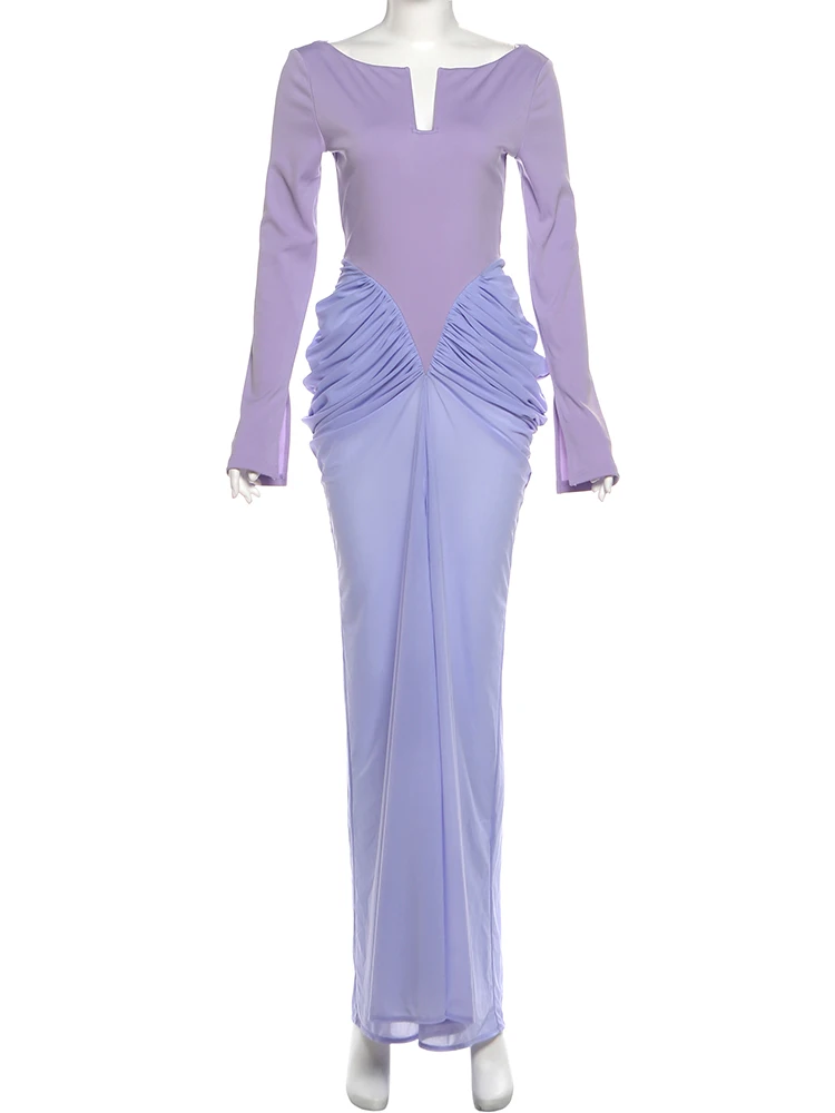 Seltsame Puss Elegante Geraffte Kleid Frauen Trend Slash Neck Patchwork Volle Hülse Split Stretch Dünne Mode Party Bankett Vestidos