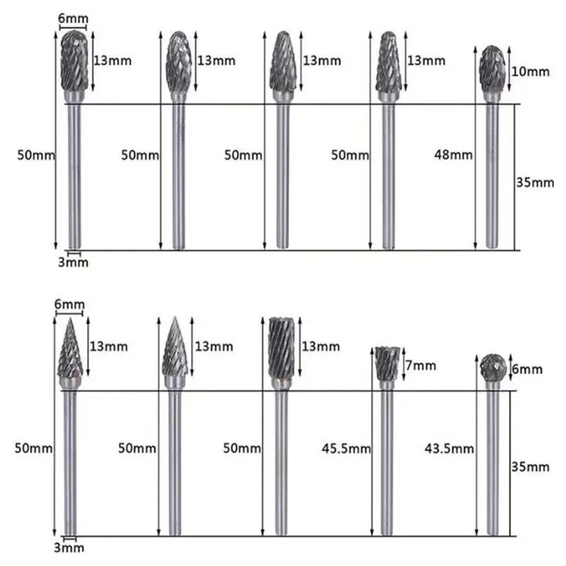 10pcs Tungsten Carbide Burrs Rotary Drill Die Grinder Carving Bit Double Cut Metal Diamond Grinding Abrasive Woodworking Tools