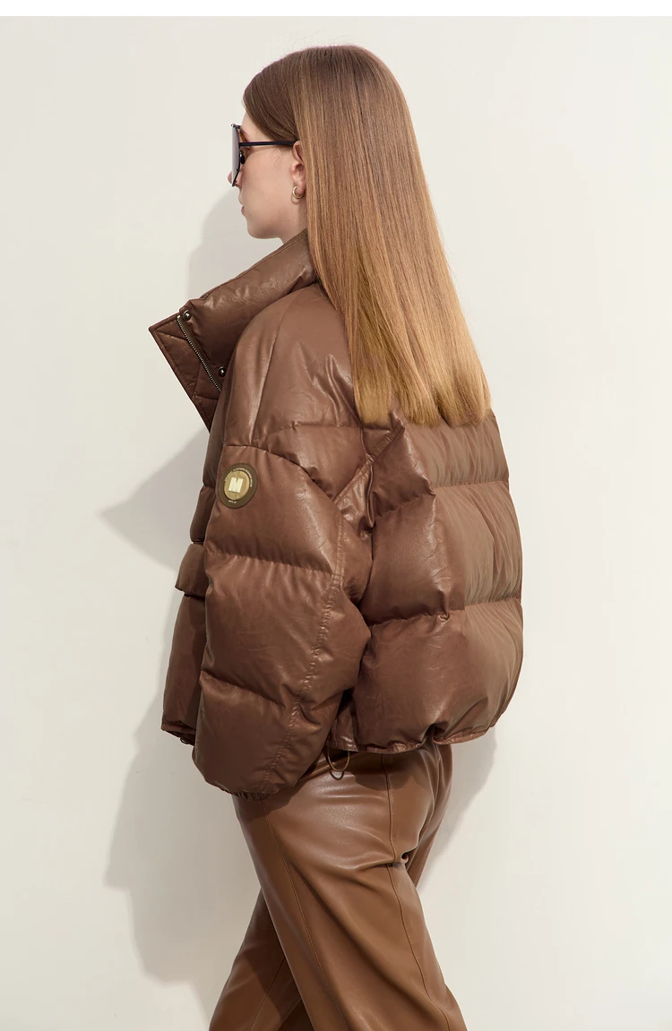 AMII Minimalist Women's Down Coat 2024 Winter Warm Thick Lapel Stand Collar Imitation Leather Duck Down Female Jacket 12444025