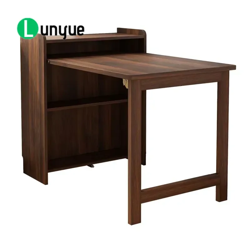 Solid Wood Folding Desk with Built-in Corner Bookshelf Compact Computer Table for Living Room Study Office Space Saving