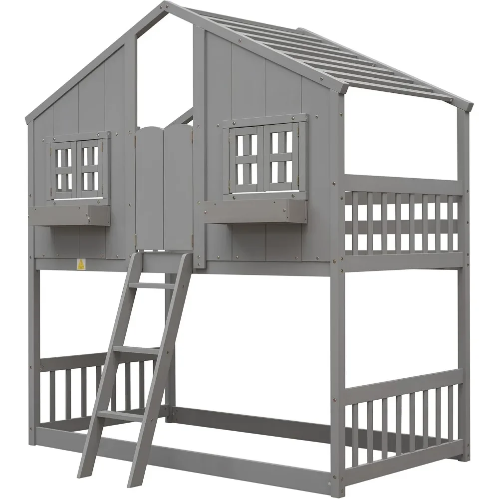 Litera de casa Marco de litera doble de madera con techo, ventana, puerta y cajas de almacenamiento, cama de casa de juegos para niños