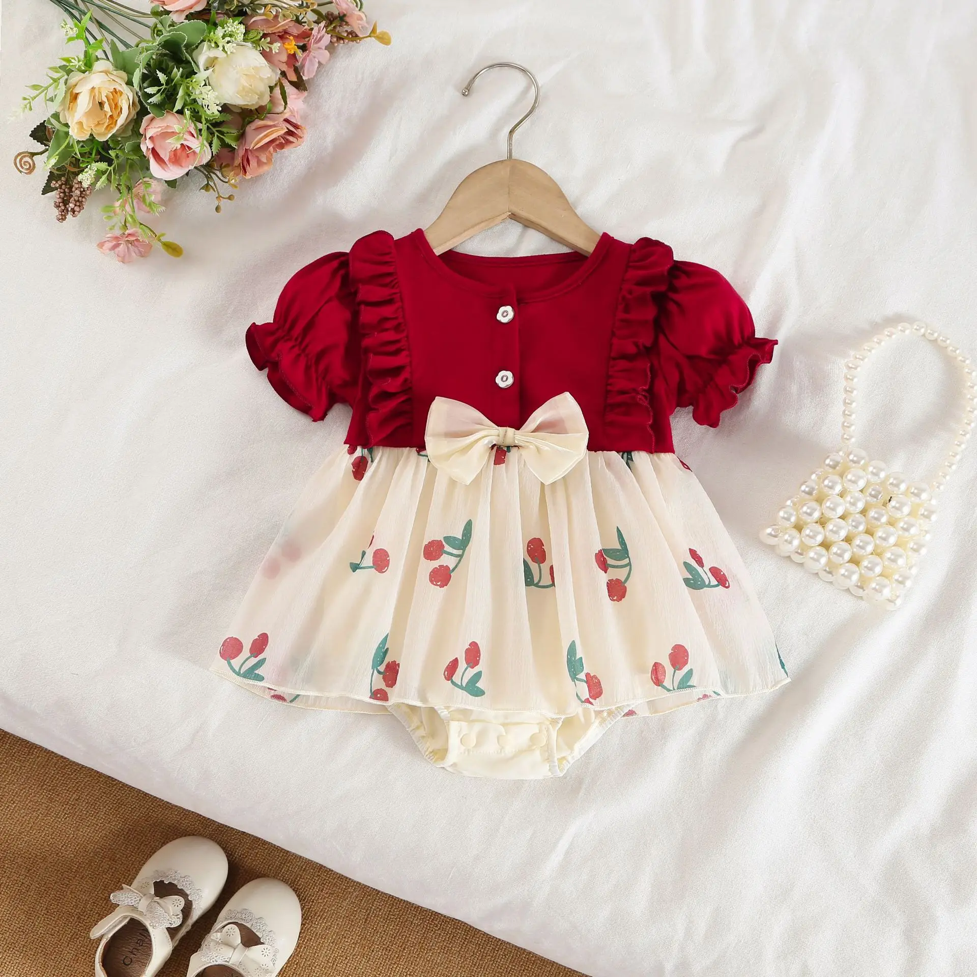 3-18M Infant Girls Spring Princess Dress Bodysuit Cherry Baby Onesie Outfits Sleeve Ruffle Newborn Clothes Sister Matching