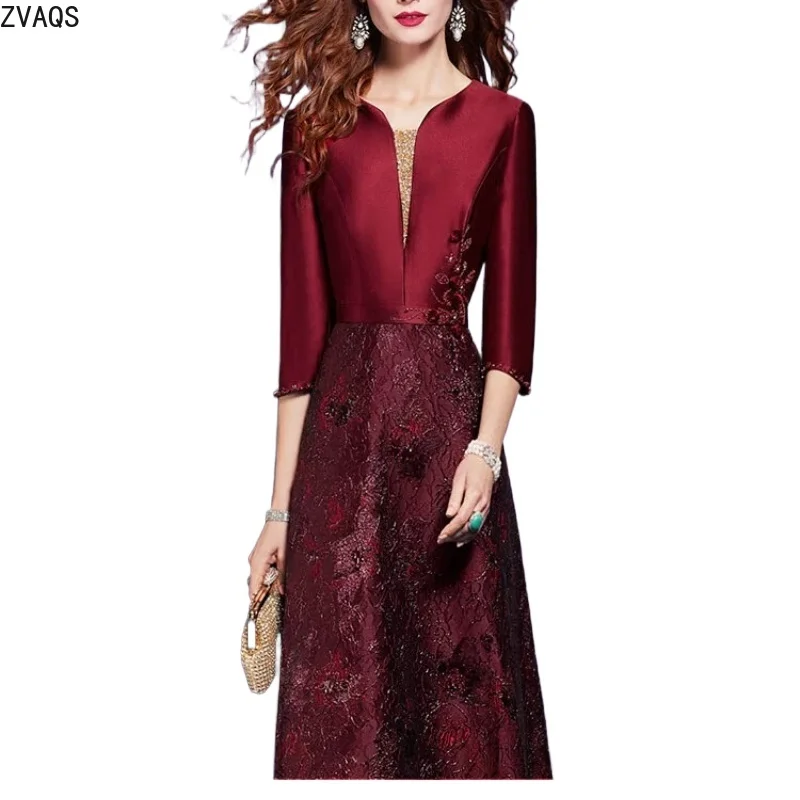 

ZVAQS Dresses for Women High End Women Red A Line Dress Spring Beaded Decor High Waist Slim Elegant Party DressЖенская Одежда