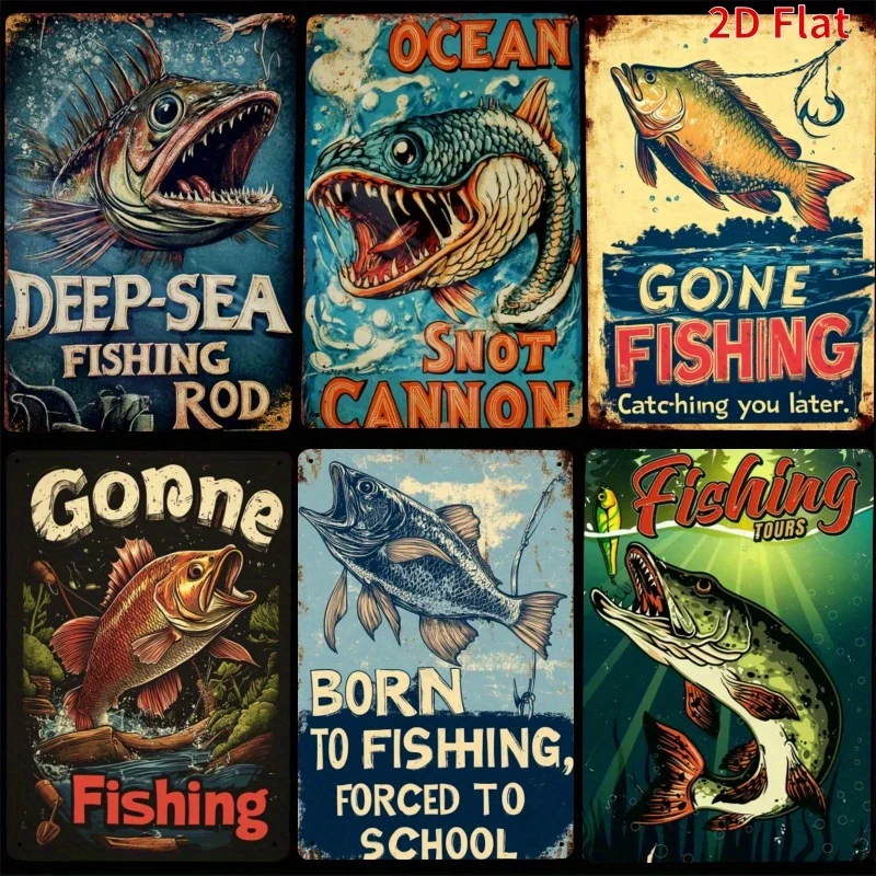 2D Flat, 2D Flat - 6pcs Vintage Fishing Metal Wall Decor Set - Dimensions 30.48 X 20.32 cm, These Sturdy Iron Can Labels Feature