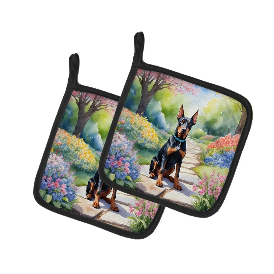 

Doberman Pinscher Spring Path Пара держателей для кастрюль Кухонные термостойкие держатели для кастрюль Наборы горячих подушечек для духовки для приготовления пищи, выпечки, барбекю