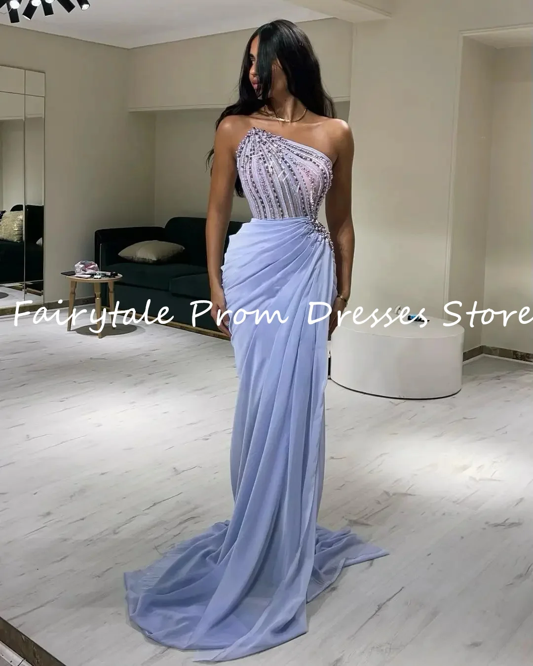 Fairytale Saudi Arabia Crystal Luxury Evening Dresses Lavender Beads Sexy Pearls Formal Women Prom Dress Trumpet Wedding Party