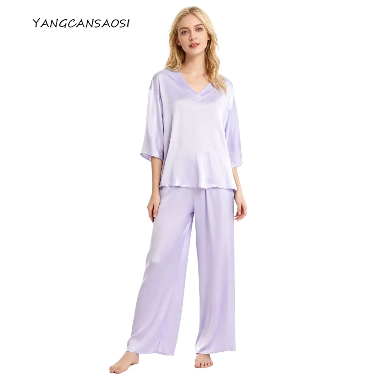

Women's Fashion Clothing 22MM 100% Natural Mulberry Silk Plain Satin Purple Three-quarters Sleeved T-shirt Pants Home Suit Set
