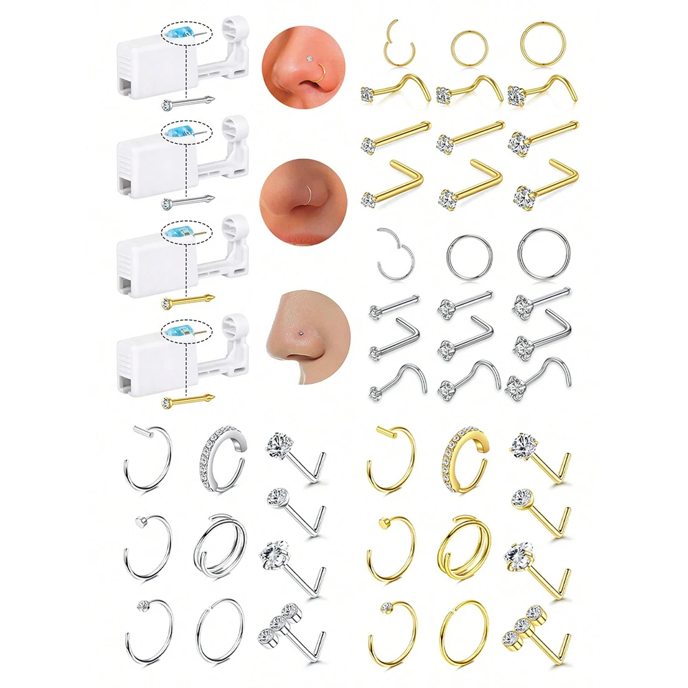 20G Nose Studs Snap Nose Rings Set Kit Nose Piercing Gun With CZ  Nose Piercing Gun With Sterile Nose Stud Self Nose Piercing
