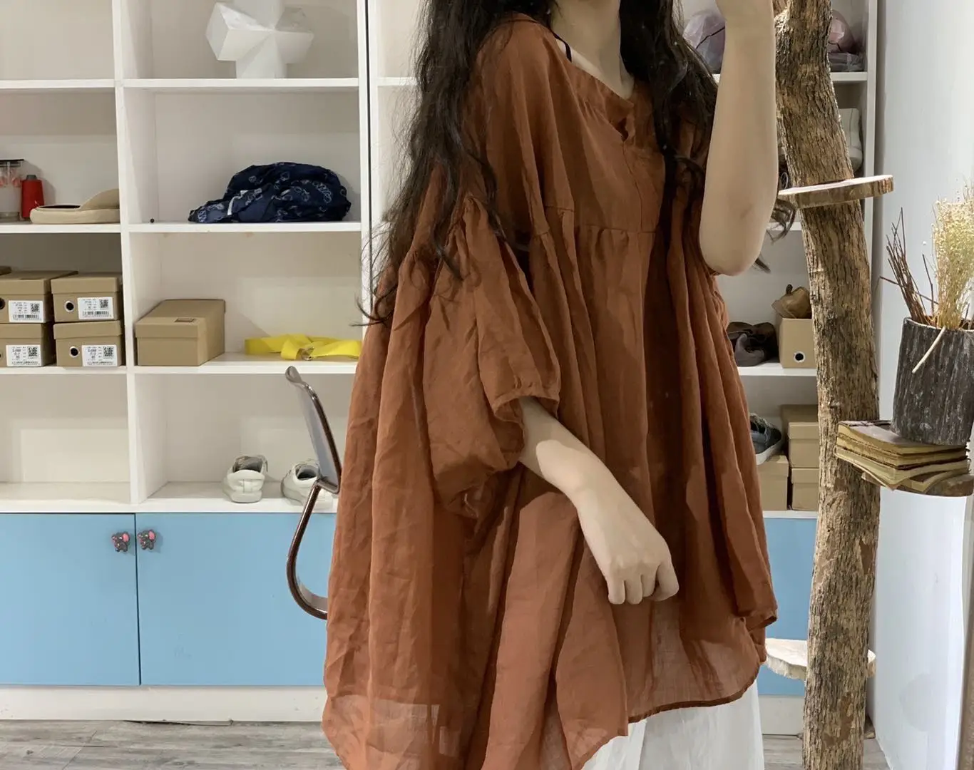 

Lightweight Linen Batwing Sve irt Single Button Loose Fit Summer Sun Protection Faionable Retro Sle Women's Blouse