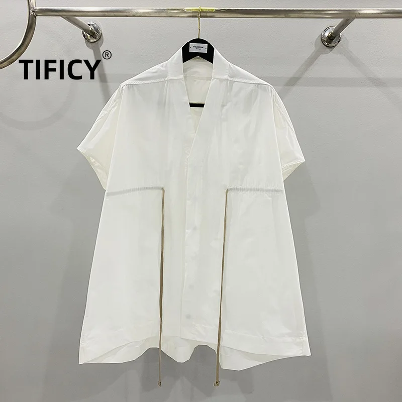 

TIFICY High Street Cotton Blouses Women's Drawstring Waist Cinching Loose Solid Color V-neck Short Sleeved Casual Shirt Top