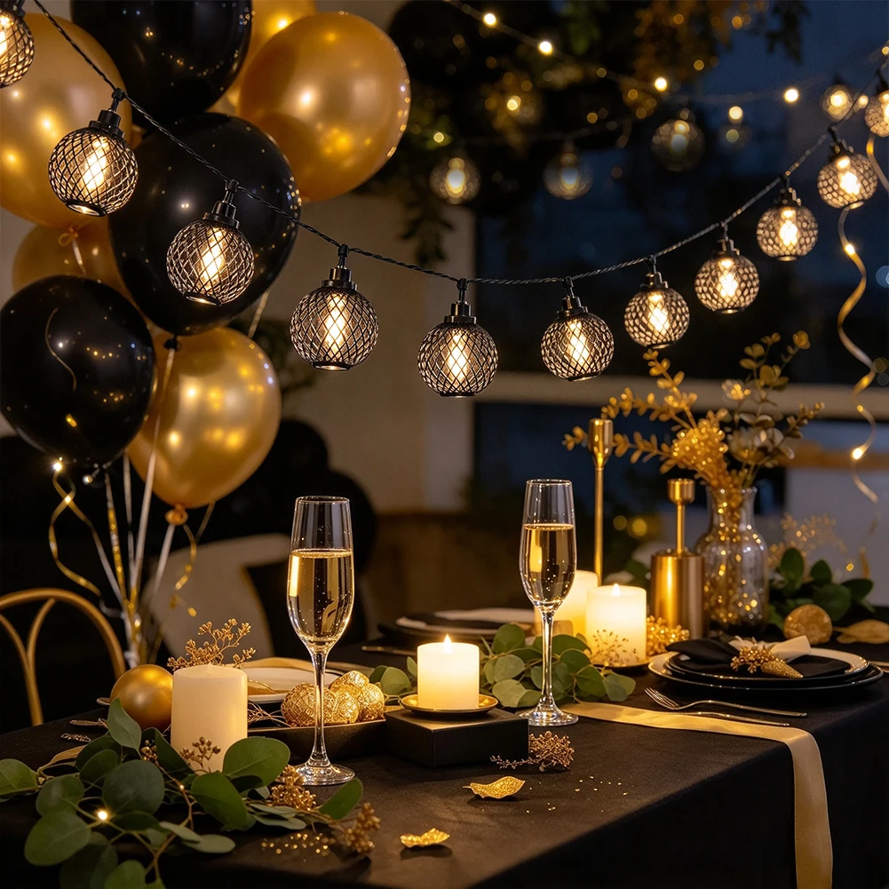 Black Metal Wire Mesh Ball Lampshade String Fairy Light Lantern Cover Christmas Tree Wedding Holiday Patio Decor 5cm