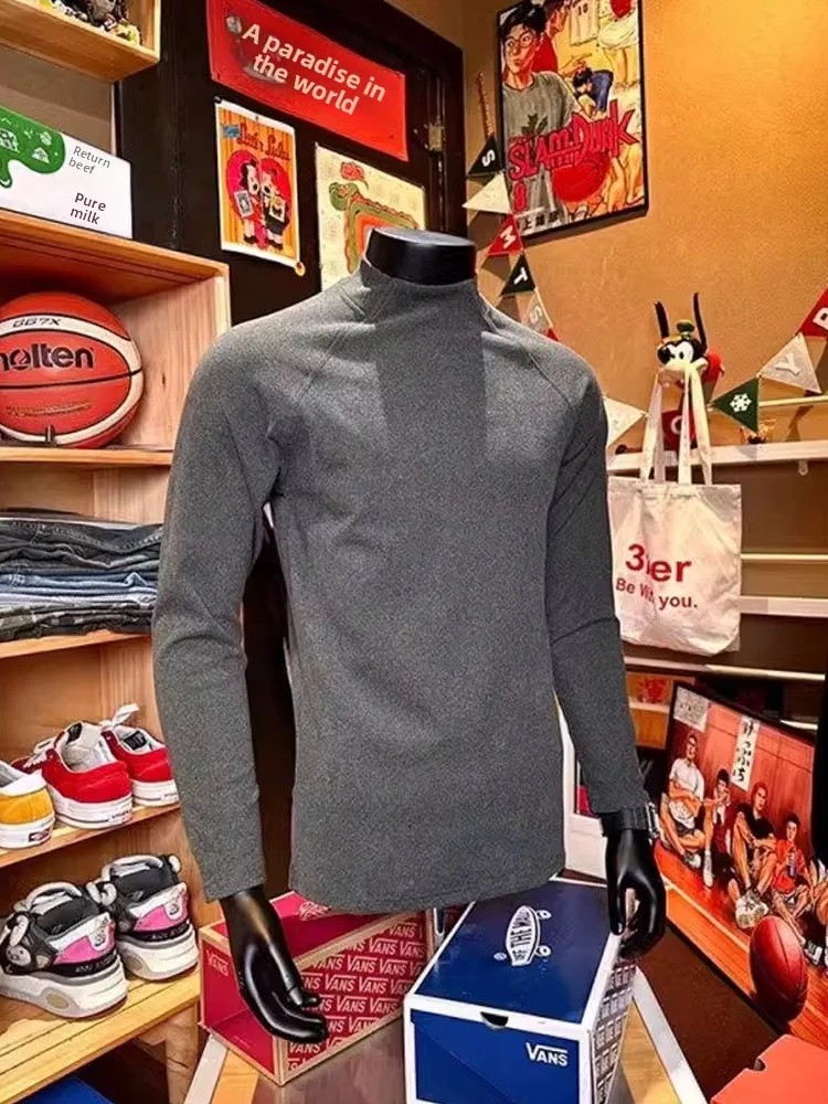 Kaus Dasar Lengan Panjang Slim Fit Pria Kerah Tinggi Dua Sisi Kaus Pakaian Olahraga Luar Ruangan Fitn Latihan Fce