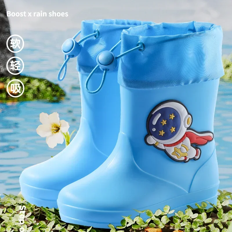 New Toddler Lightweight Rain Boots Kids Pure Color Rain Boots Children Anti-slip High Top Fashion Boots with Astronauts Prints