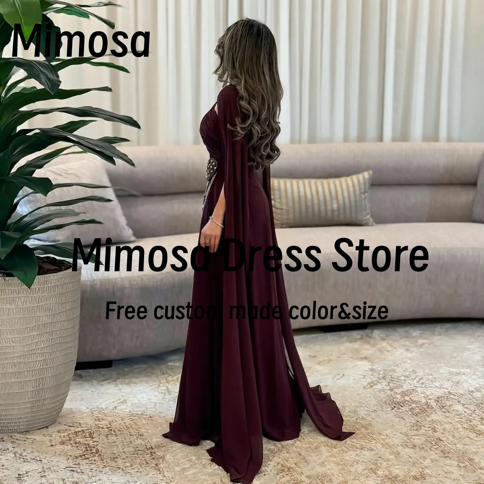 Mimosa Saudi Arabia Prom Dresses Flutter Sleeves Beaded Decoration Evening Gowns Long Chiffon Special Occasion Dress Customized