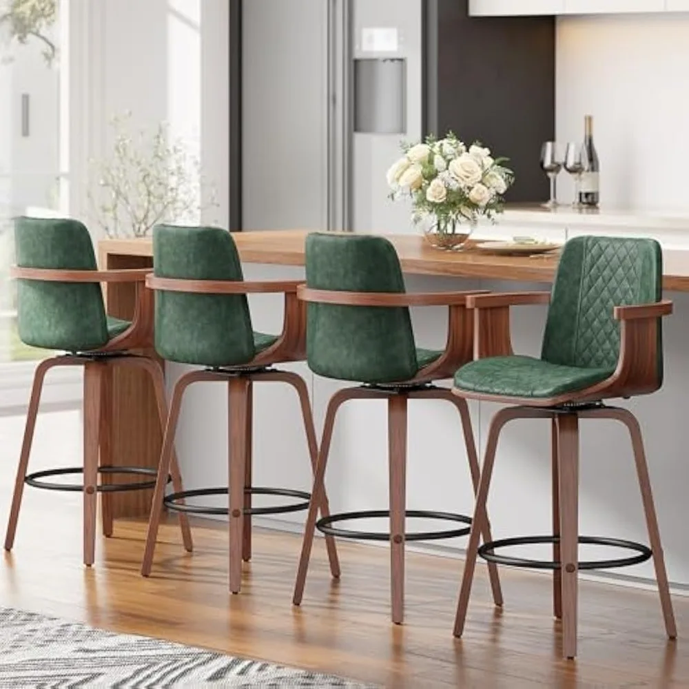 

Swivel Bar Stools Set of 4, 26" Counter Height Barstools with Wood Legs and Backs, Upholstered PU Leather Bentwood Frame Bar Cha