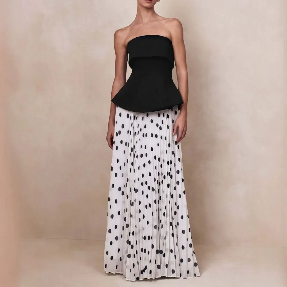 Women Luxury Strapless Tube Top & High Waist Flared Maxi Skirt 2 Piece Elegant Outfit Set