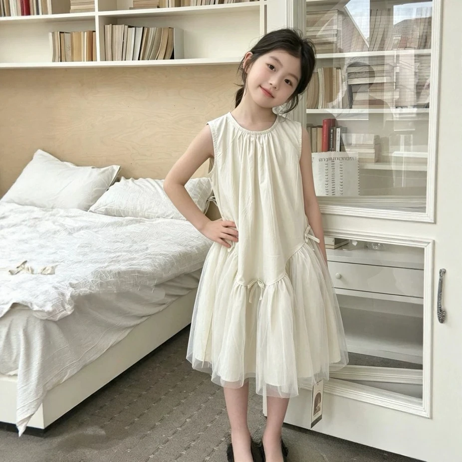 kids clothes Girls dress sleeveless bow and gauze  size 110-150 summer 2026