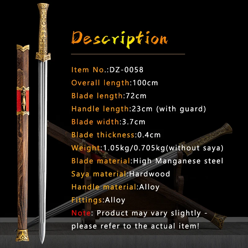 Chinese Han Sword,Manganese Steel Blade,Rosewood Saya,Handmade Swords,Alloy Fittings,Collection Home Decor Sword