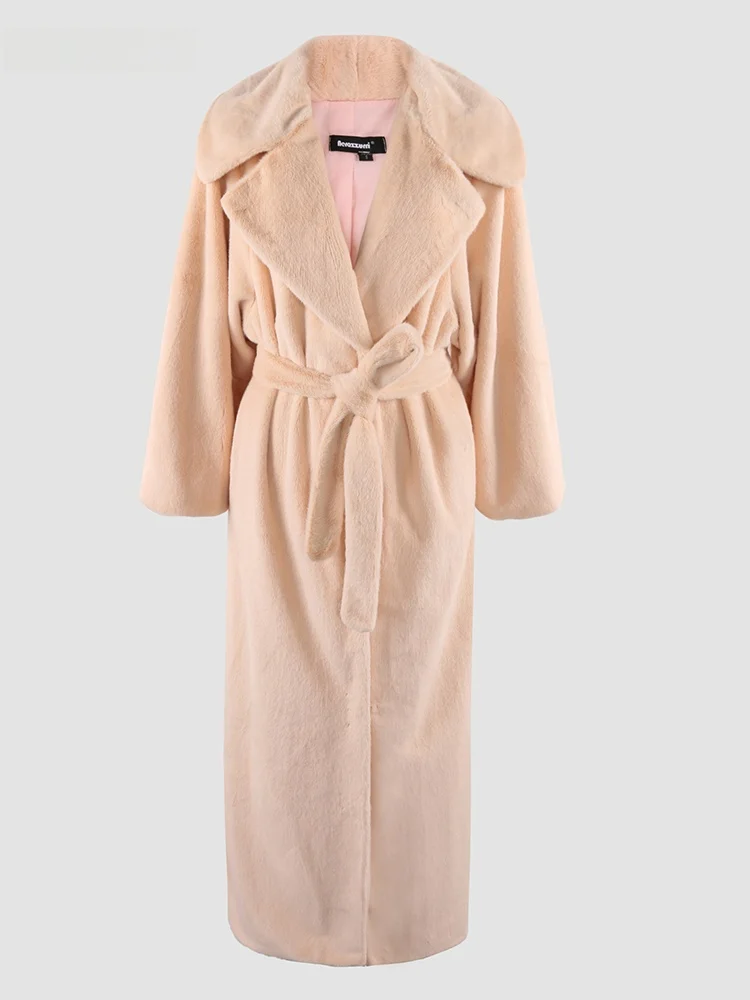 Nerazzurri Pink Faux Fur Coat Women's Extra Long Belted Suit Collar Eco-friendly Fur Long Overcoat Korean Style Commute Wind