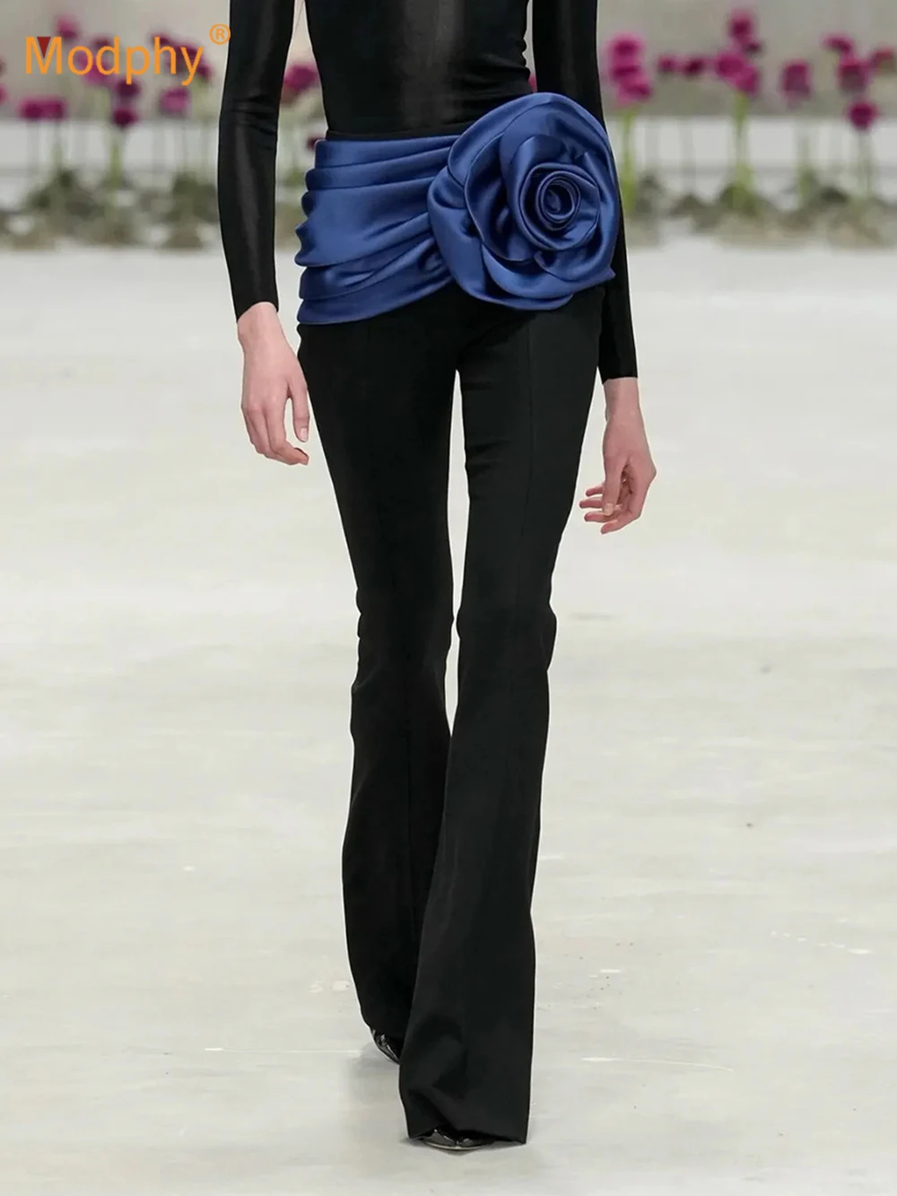 Элегантные брюки Modphy, новинка 2025 года, трехмерные цветочные сращивания, контрастный дизайн, модные брюки с высокой талией для женщин