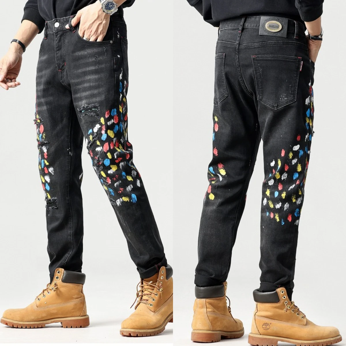 Speckled Embroidered Horse Jeans Men's High Elastic Loose Hole 3D Worn Zipper Bleached Slim Fit Straight Leg Pants Flaps Winter2