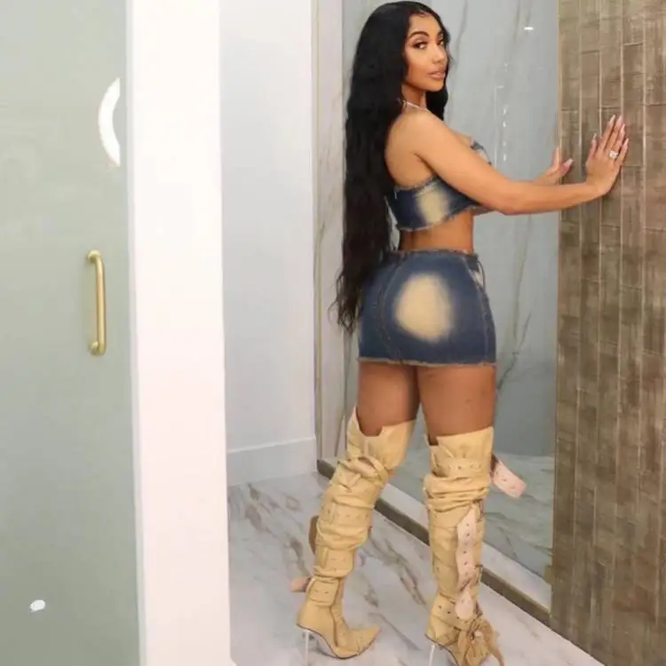 Setelan Denim 2 Potong Wanita Rok Pendek Pakaian Kasual Atasan Tanpa Lengan Slim Fit Seksi Pesta Malam Setelan Pinggang Tinggi