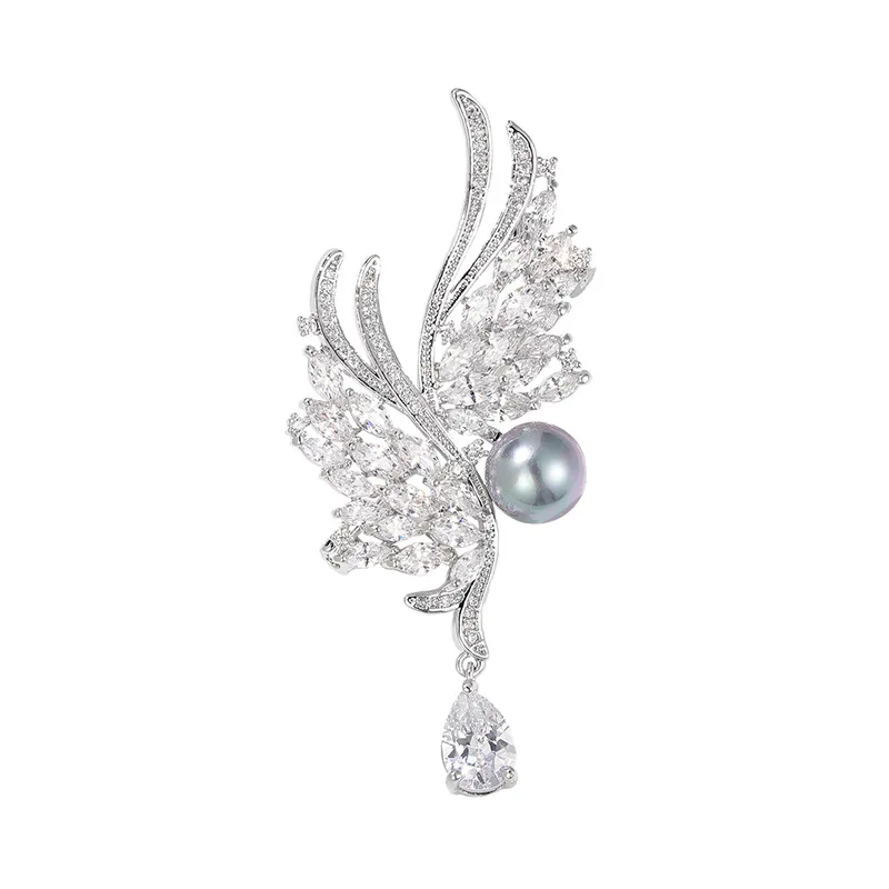 Zircon Wing Brooch Natural Freshwater Pearl Corsage Elegant Suit Coat Accessory Pin