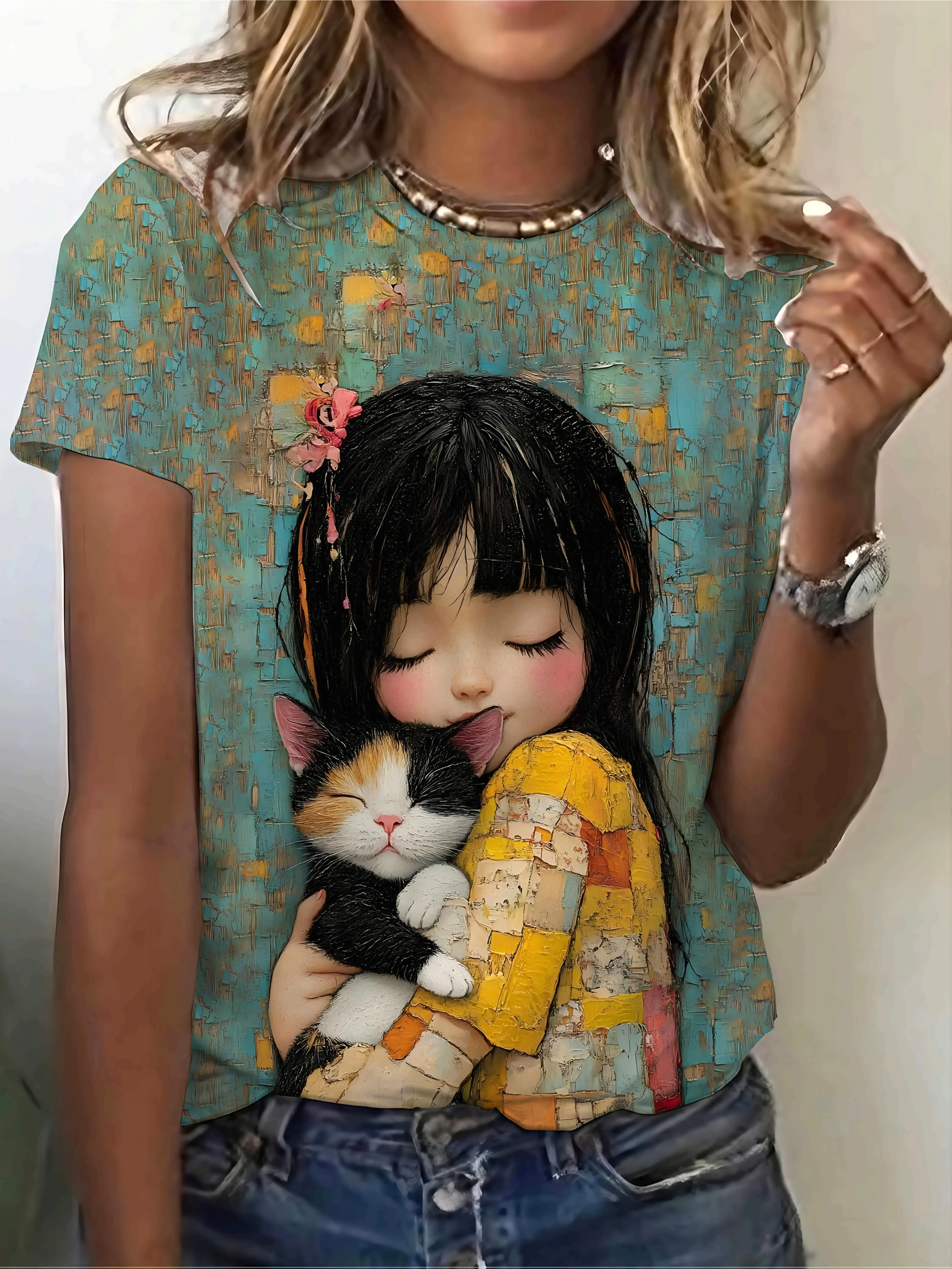Women Crew Neck Short Sleeve T‑shirt Cute Girl Hug Cat Vintage Texture Art Print Summer Casual To