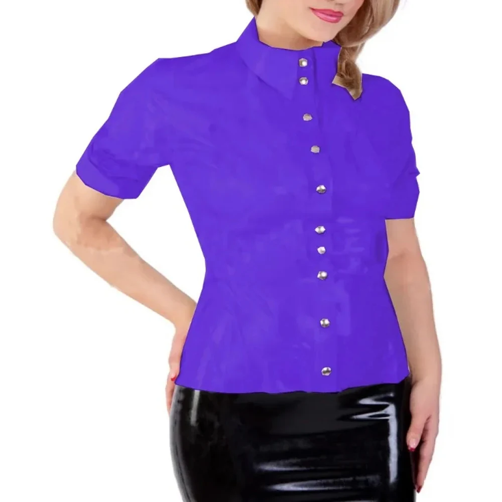 Women's Short Sleeved Shiny PVC Leather Single Breasted Club Shirts, Plus Size Blouses, Elegant Lady Shirts, Female Clothing