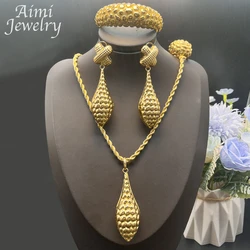 Dubai 24K Gold Plated Jewelry Set for Women Luxury Copper Necklace Earring Bracelet Rings African Bridal Wedding Party Gifts