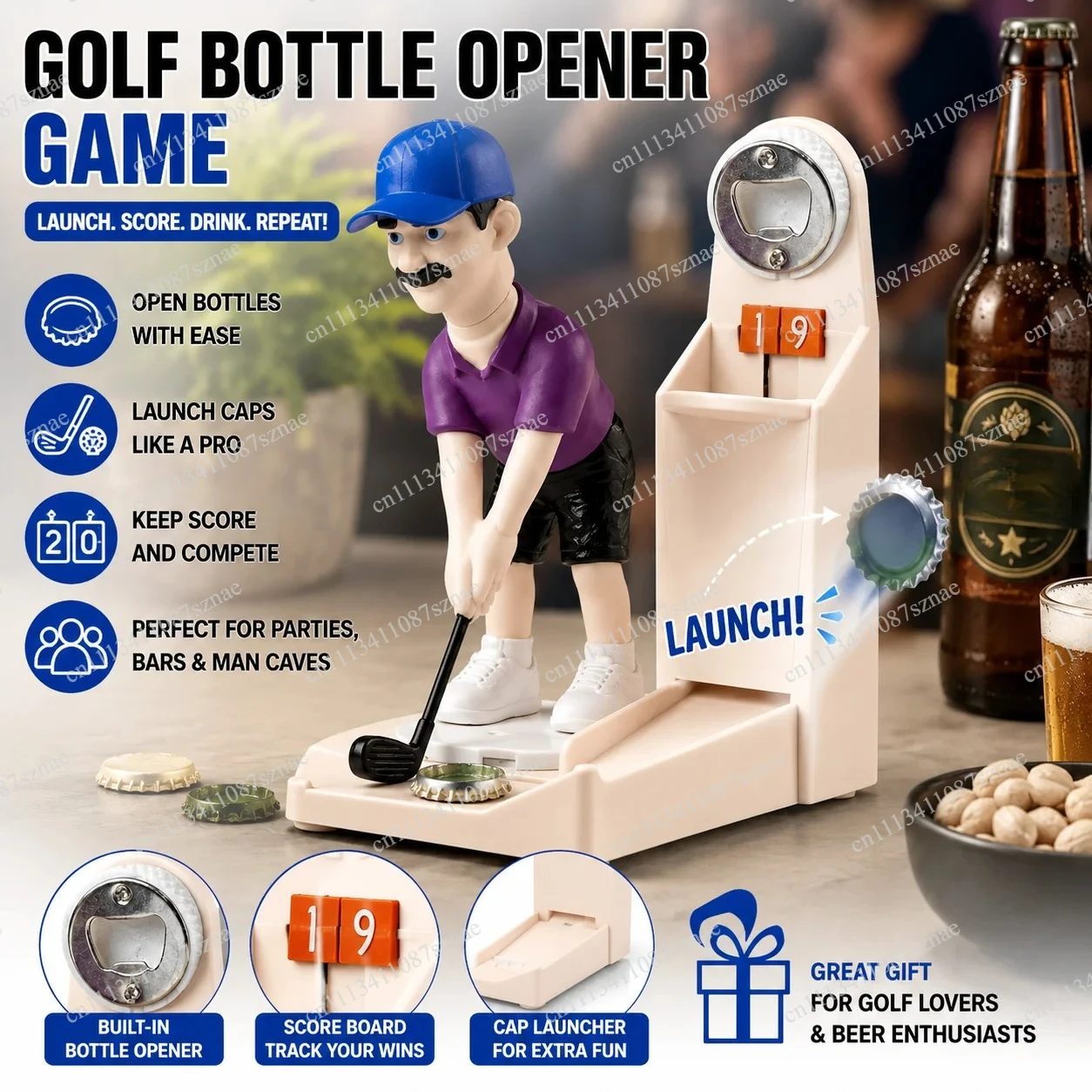 Beer Cap Launcher Golf Bottle Opener Drinking Game with Score Board, Fun Bar Accessories and Home Decor for Golf Lover