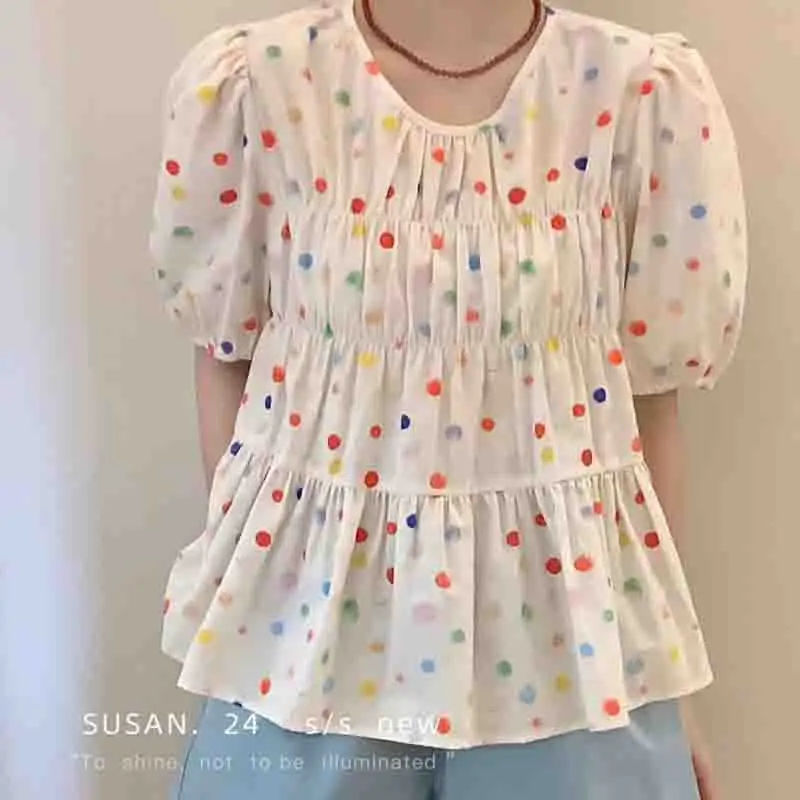 New Fashion Dot Printing Women Blouse Casual Loose Short Sleeve Women\'s Shirts Elegant Woman Tops Summer Female Clothes 1975