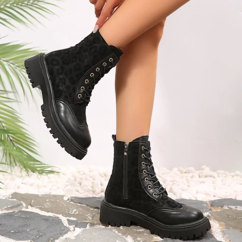 Womens Ankle Boots Round Toe Flat Low Heel Leather Look Finish Lace Up Front Side Zipper Closure Textured Lug Outsole Footwear
