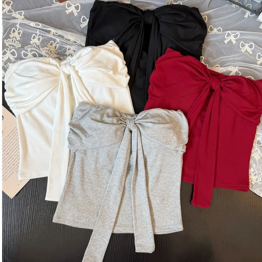 

Korean Sle Tie-Detail Tube Top Vest Spicy Girl Outdoor Wear with Chest Pad Svel Base irt Summer New Women's Faion