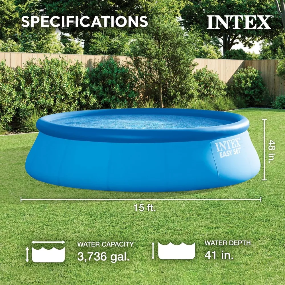 Inflatable Swimming Pool Set: 15ft x 48in  Includes 1000 GPH Cartridge Filter Pump  Removable Ladder  Pool Cover