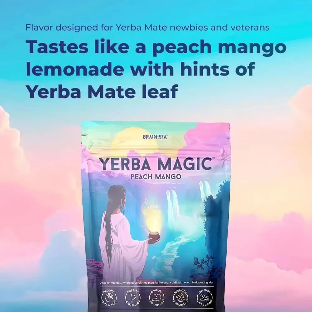Yerba Mate Tea Instant Powder Super Drink with Prebiotics Probiotics Clean Energy, Mental Clarity Gut Wellness Peach 30 Servings