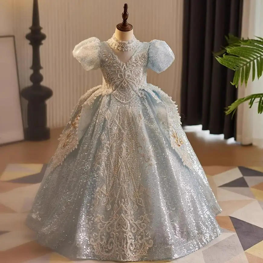 

High-End New Girls Elegant Princess Dress Pearls Sequins Beading Design Kids Perform Wedding Birthdays Party Evening Gown A3479