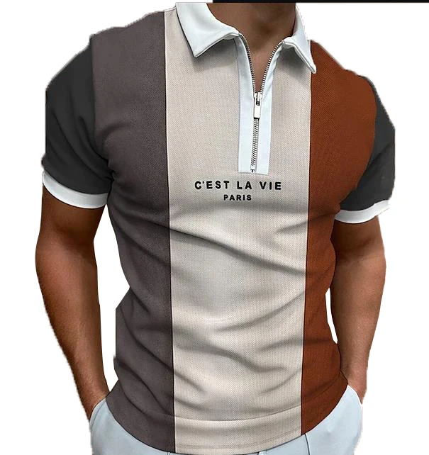 Men's Standing Collar Polo Shirt Colour Blocking Letters Button Collar Casual Day Short Sleeve Patchwork Zip Clothing Apparel