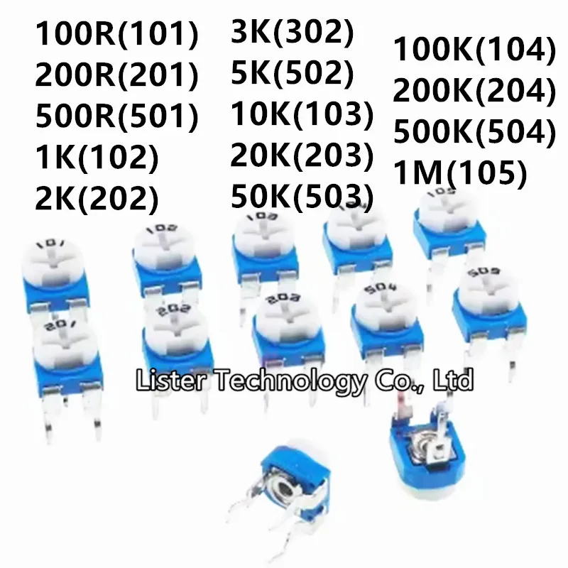 20pcs RM065 RM-065 100R 200R 500R 1K 2K 3K 5K 10K 20K 50K 100K 200K 500K 1M ohm Trimpot Trimmer Potentiometer variable resistor