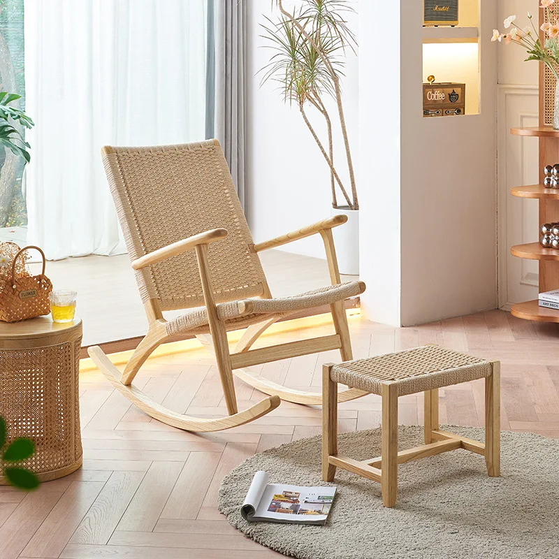 

Nordic solid wood rocking chair household balcony reliable head hemp rope woven rocking chair simple modern leisure elderly